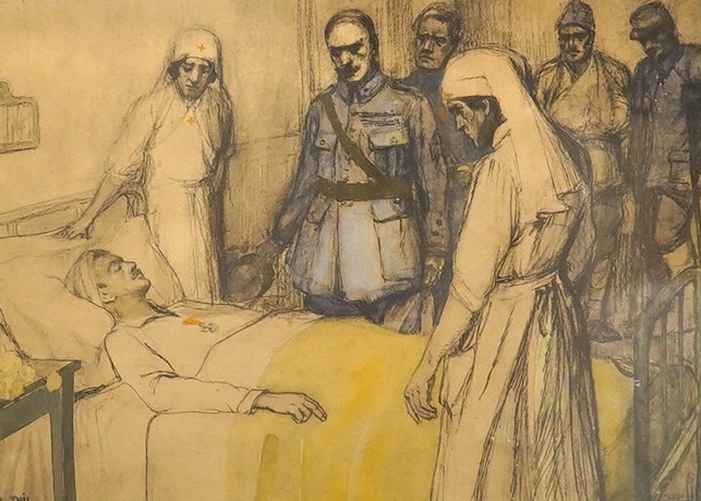 After Jeanne Thil (French, 1887-1968), hand coloured print, Dying soldier, 18 x 23cm. Condition - fair